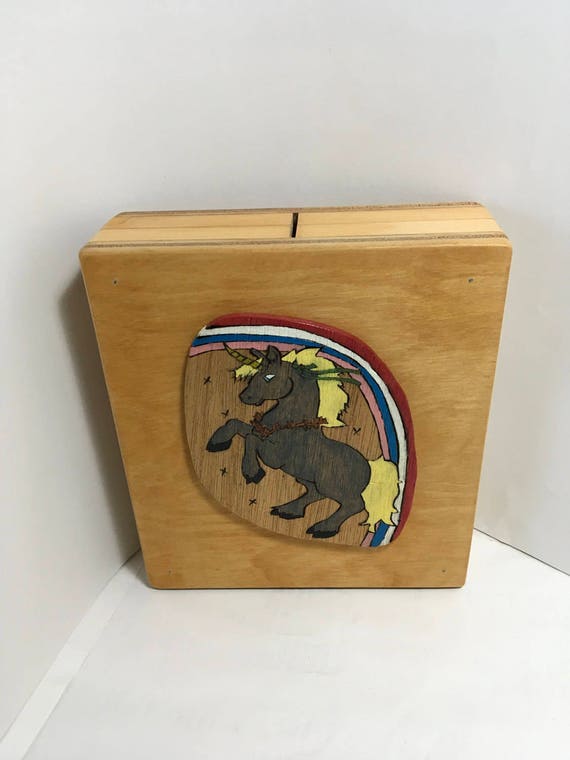 Wooden coin bank with unicorn (with "hidden" coin access)