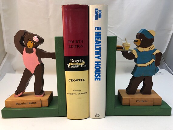 FREE SHIPPING - wooden "Busy Bears" bookend of a ballerina and a waitress