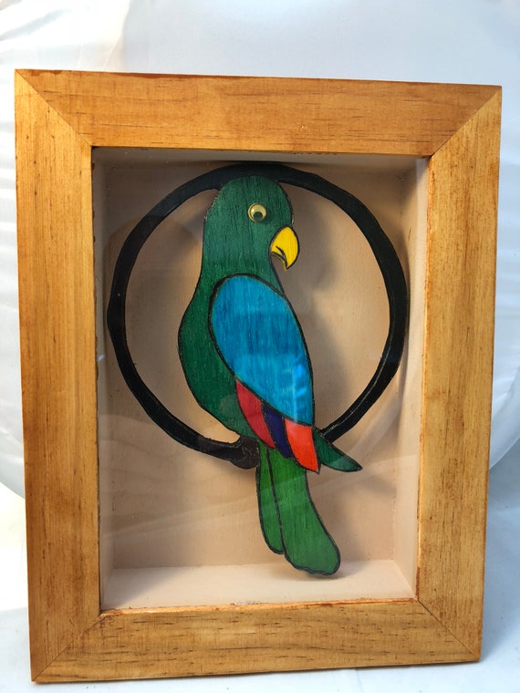 Wooden Shadow Box with a Parakeet