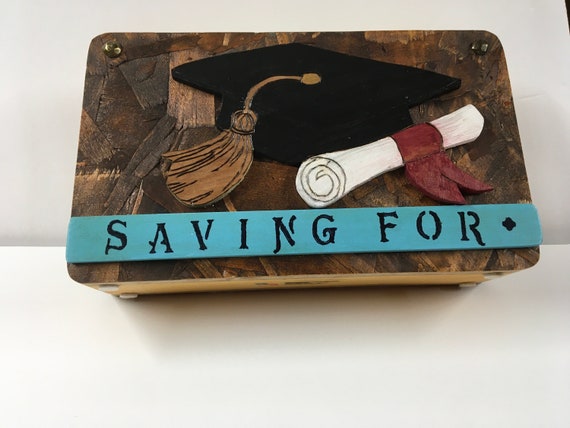 Wooden Coin Bank with a graduation hat (with a "Hidden" coin access
