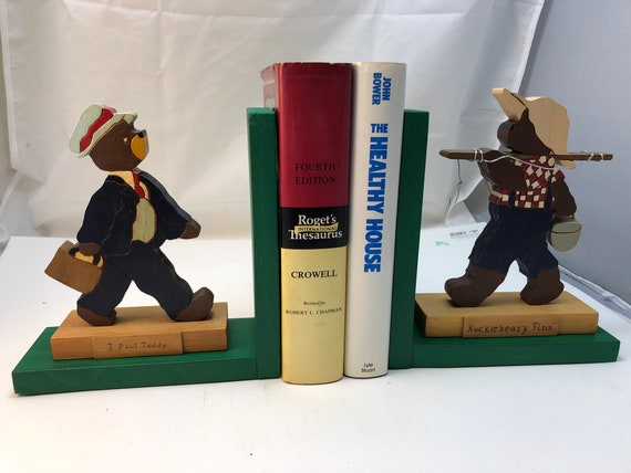 FREE SHIPPING - wooden "Busy Bear" bookend of a business bear and a fisherman