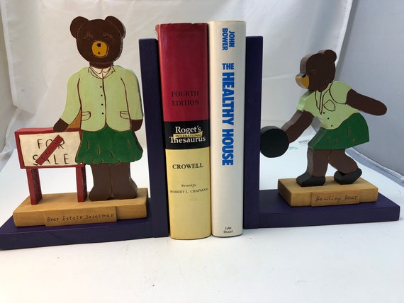 FREE SHIPPING - wooden "Busy Bears" bookend of a realtor and a bowler