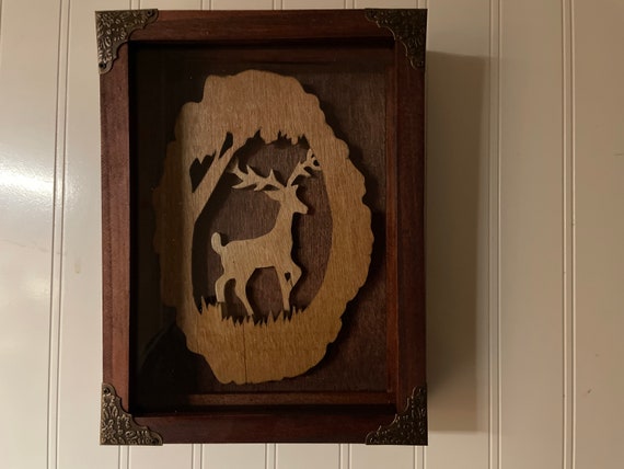 Wooden Shadow Box of a reindeer in the forest