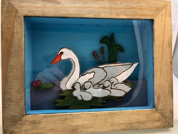Wooden Shadow Box of a Swan and her chicks