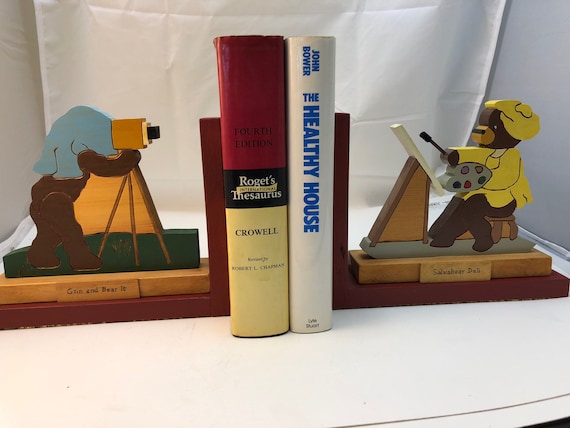 FREE SHIPPING - wooden "Busy Bears" bookend of a photographer and a painter