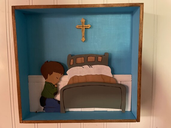 Wooden Shadow Box of a little boy praying