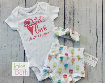 Conjunto de verano para niña, incluye braguita, diadema y body; conjunto para la llegada del bebé a casa; regalo para baby shower; helado