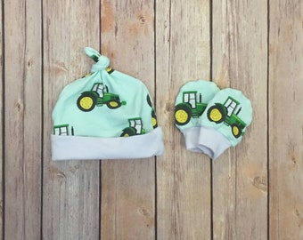 Tractor baby knot hat, and no scratch mittens, newborn set