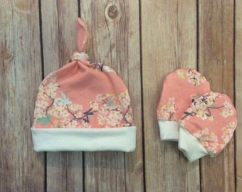 Baby knot hat, and no scratch mittens, girls newborn set, pink cherry blossoms