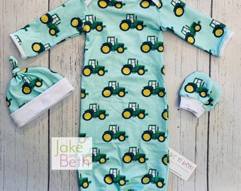 Baby gown, newborn set, neutral, green tractors