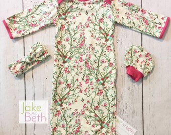 Baby gown, baby girl set, newborn outfit, take home outfit, baby shower gift, floral with pink
