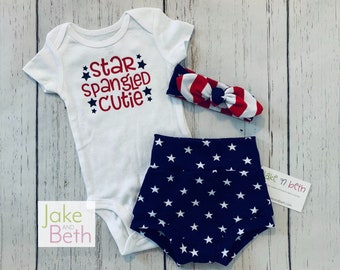 Patriotic girl set, bummies, headband and bodysuit set, girl coming home set, baby shower gift, July 4th girl