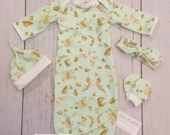 Baby gown, newborn set, girl baby, butterflies