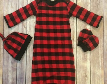 Buffalo plaid baby gown, newborn set, plaid baby, first Christmas, baby gift