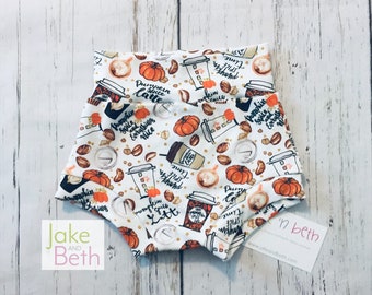 Pumpkin spice bummies, baby shorts, toddler shorts, summer shorts, girls bummy shorts, latte, pumpkin, psl