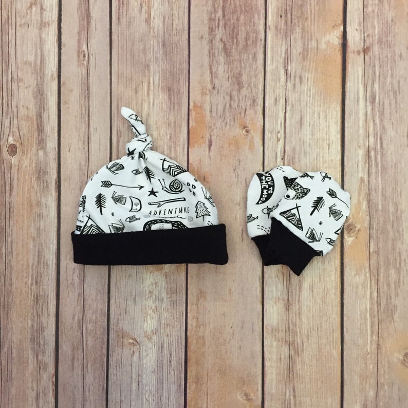 knot hat and no scratch mittens outdoor adventure Baby gown newborn set neutral