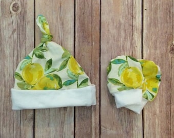 Baby knot hat, and no scratch mittens, girls newborn set, lemons