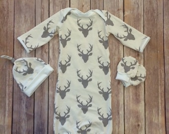 Deer baby gown, newborn set, baby shower gift, going home outfit- bucks head cream