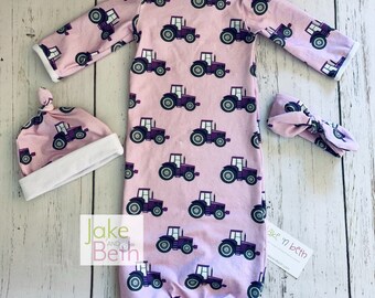 Baby gown, newborn set, girl baby, purple tractor