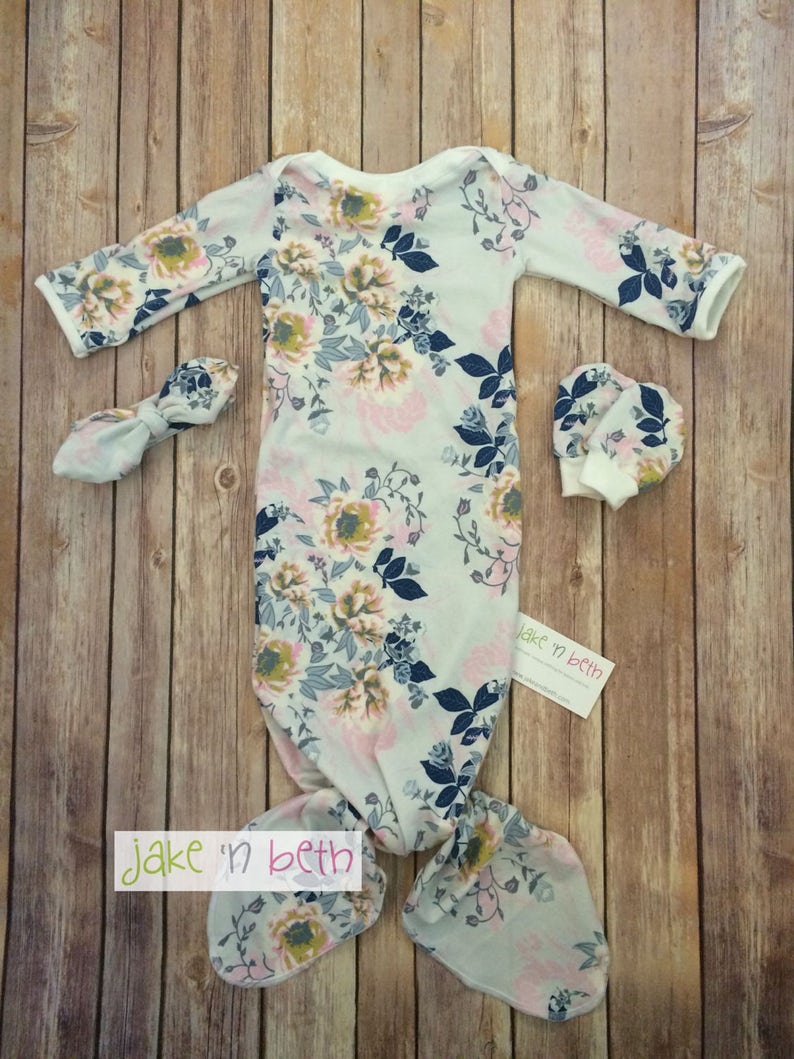 Baby girl knotted gown tie headband and no scratch mittens Etsy