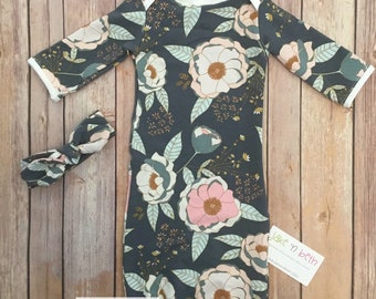 Vestido de bebé, conjunto para niña, ropa para recién nacida, conjunto para llevar a casa, regalo para baby shower, estampado floral gris pizarra