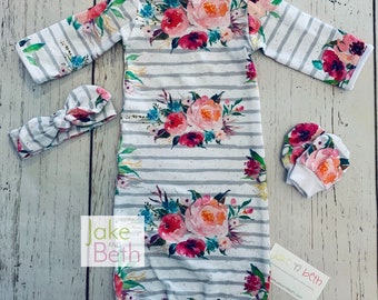 Vestido de bebé, conjunto para niña, ropa para recién nacida, conjunto para llevar a casa, regalo para baby shower, estampado floral a rayas