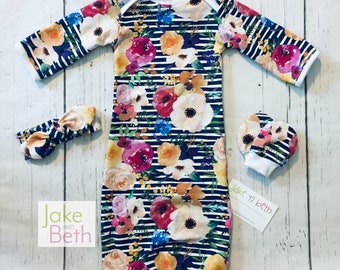 Baby gown, baby girl set, newborn outfit, take home outfit, baby shower gift, floral striped