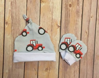 Tractor baby knot hat, and no scratch mittens, newborn set, red