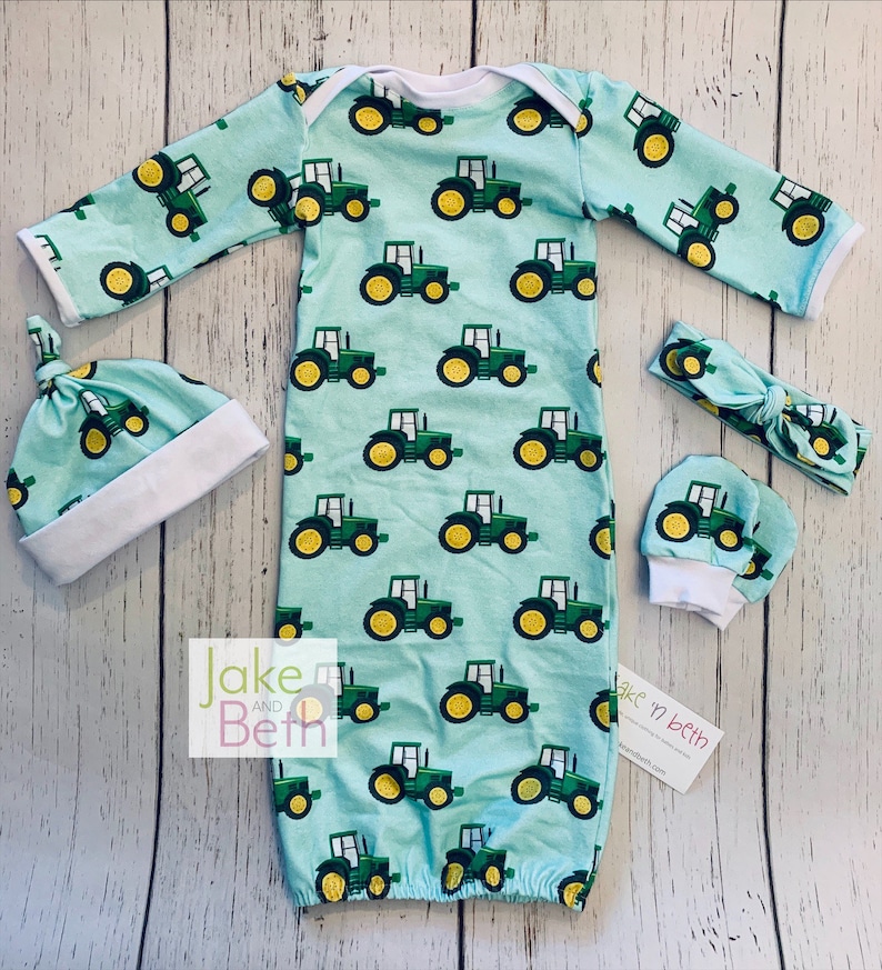 Baby Gown Newborn Set Neutral Green Tractors Etsy