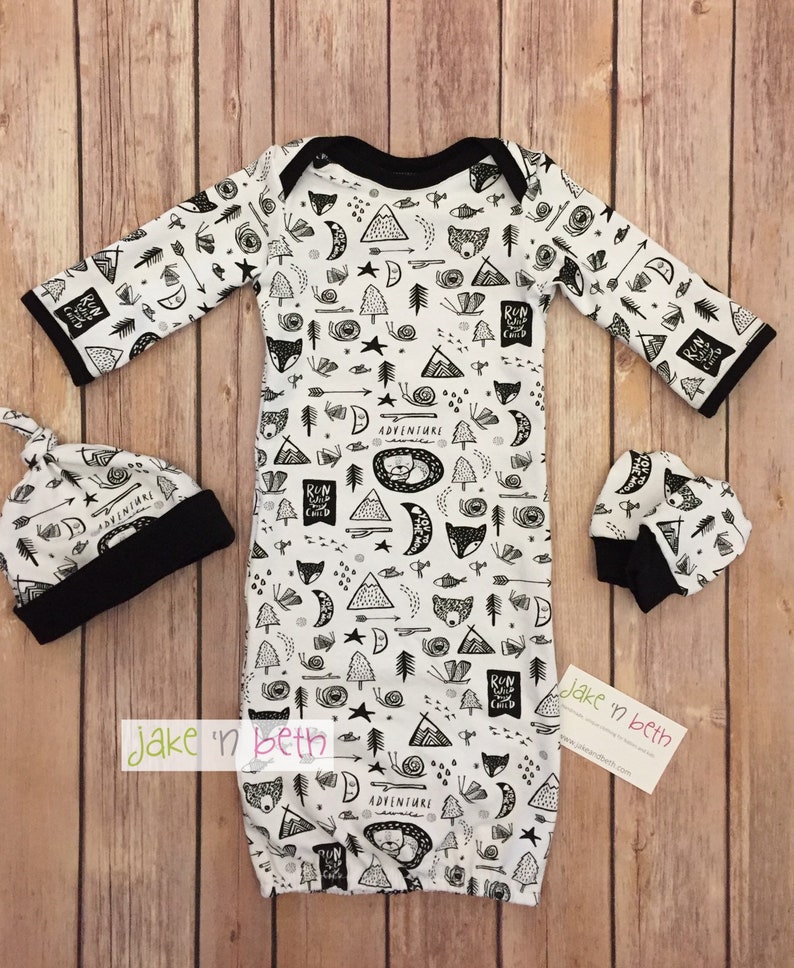 knot hat and no scratch mittens outdoor adventure Baby gown newborn set neutral