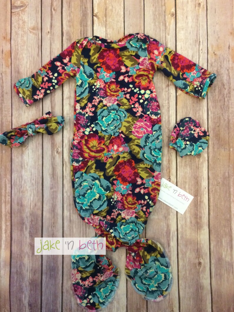 Baby girl knotted gown tie headband and no scratch mittens Etsy