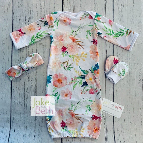 Baby gown, baby girl set, newborn outfit, take home outfit, baby shower gift, pale floral