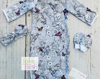 Baby gown, baby girl set, newborn outfit, take home outfit, baby shower gift, pale lavender floral