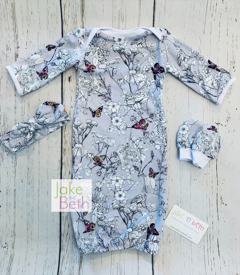 Baby gown and no scratch mittens knot hat baby shower gift take home outfit baby girl set pale lavender floral newborn outfit