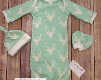 Deer baby gown, newborn set, baby shower gift, going home outfit- bucks head mint