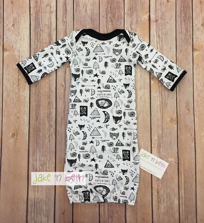 knot hat and no scratch mittens outdoor adventure Baby gown newborn set neutral