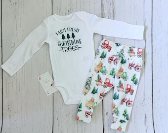 Christmas baby set, pants and bodysuit set, coming home set, baby shower gift, Christmas tractors, first Christmas