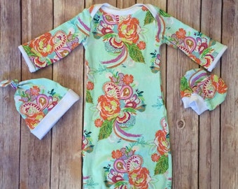 Vestido de bebé, conjunto para recién nacido, regalo para baby shower, conjunto para salir del hospital, bebé niña, estampado floral menta