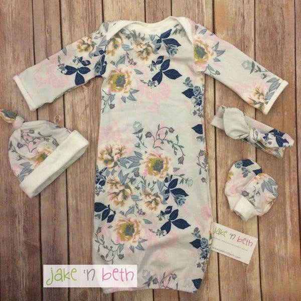 Baby gown, baby girl set, newborn outfit, take home outfit, baby shower gift, pale gray floral