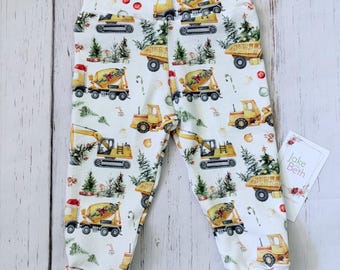 Pantalones navideños para bebés, pantalones para niños pequeños, camiones de construcción navideños