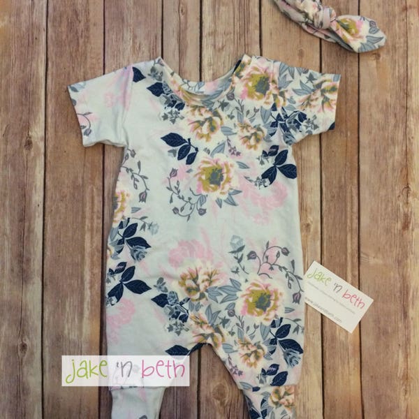 Floral romper, Kids rompers, baby rompers, pale gray floral, slip-on snapless romper