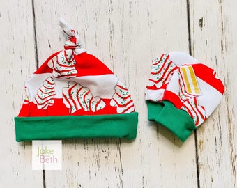 Gorro de bebé con nudo de árbol de Navidad y manoplas antiarañazos, conjunto para recién nacido