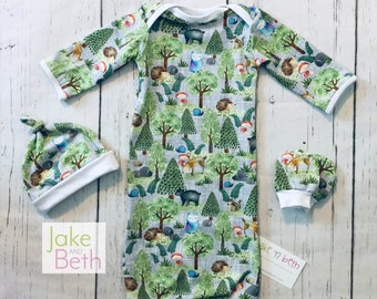 Conjunto de bata de bebé, conjunto de género neutro, conjunto para recién nacido, conjunto para llevar a casa, regalo de baby shower, animales