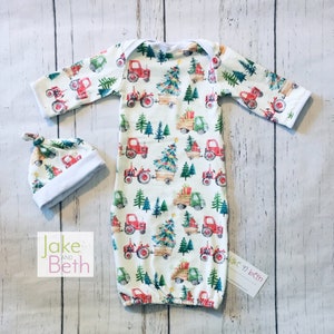 Christmas baby gown, newborn set, gender neutral, first Christmas outfit, Christmas tractors