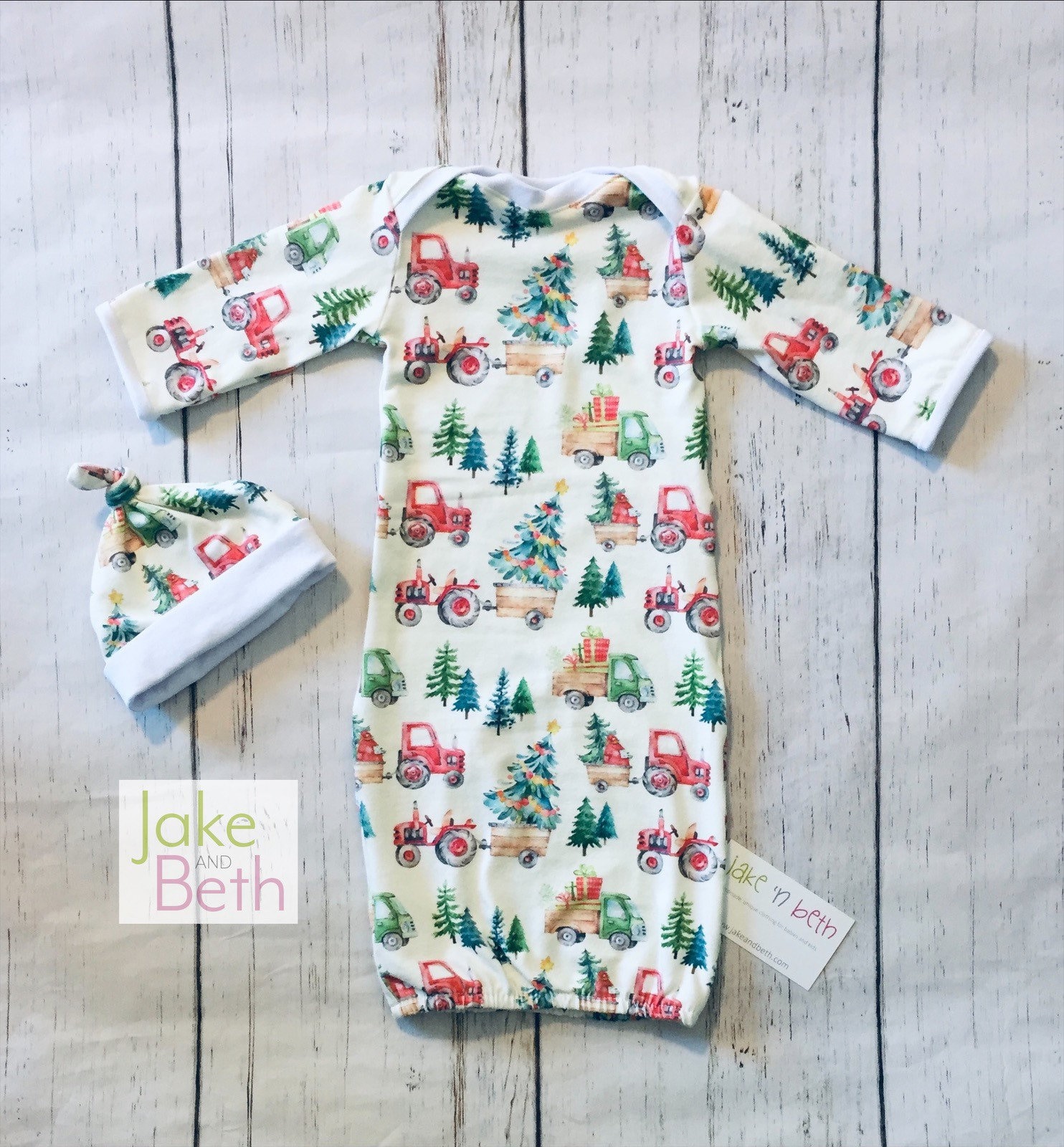 Christmas baby gown, newborn set, gender neutral, first Christmas outfit, Christmas tractors