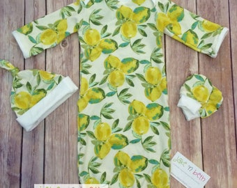 Baby girl gown, newborn set -  lemons