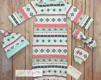 Baby gown set, newborn set, pastel patterned stripes