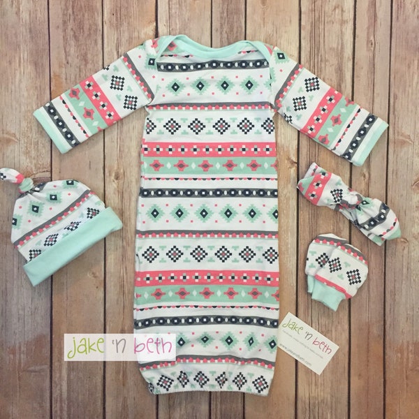 Baby gown set, newborn set, pastel patterned stripes