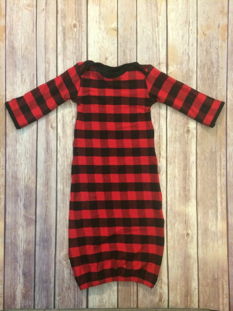 Buffalo plaid baby gown knot hat and no scratch mittens | Etsy