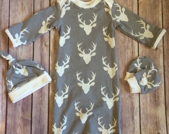 Deer baby gown, baby shower gift, going home outfit, newborn set - bucks head gray